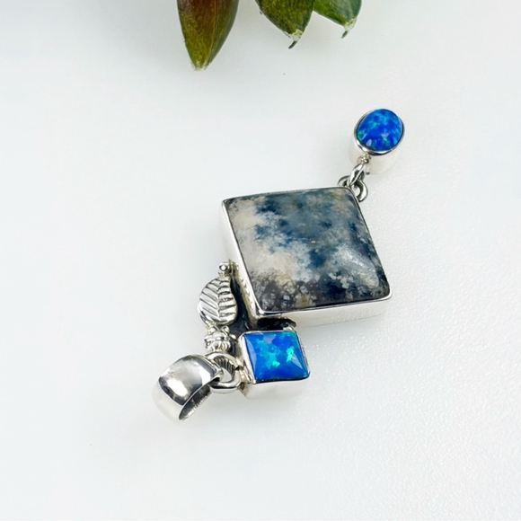 Solid Sterling Silver 925 Fire Opal Pendant Lapis Lace Onyx aka Blue Scheelite - Picture 4 of 7